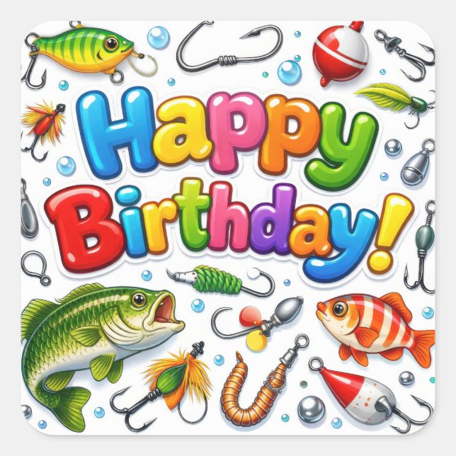Happy Birthday Fish, Lures and Hooks Quadratischer Aufkleber (Vorderseite)