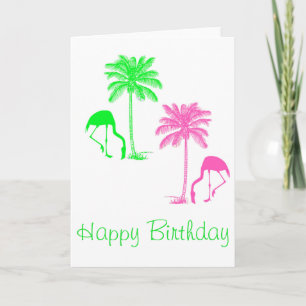 Happy Birthday Flamingos Palm Trees Pink Green Karte