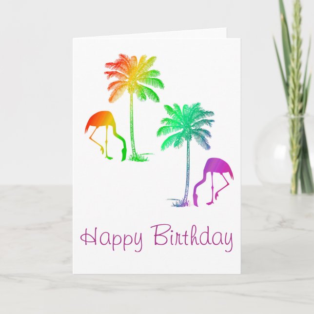Happy Birthday Flamingos Palm Trees Rainbow Karte (Vorderseite)