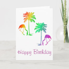Happy Birthday Flamingos Palm Trees Rainbow Karte