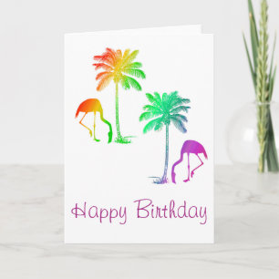 Happy Birthday Flamingos Palm Trees Rainbow Karte