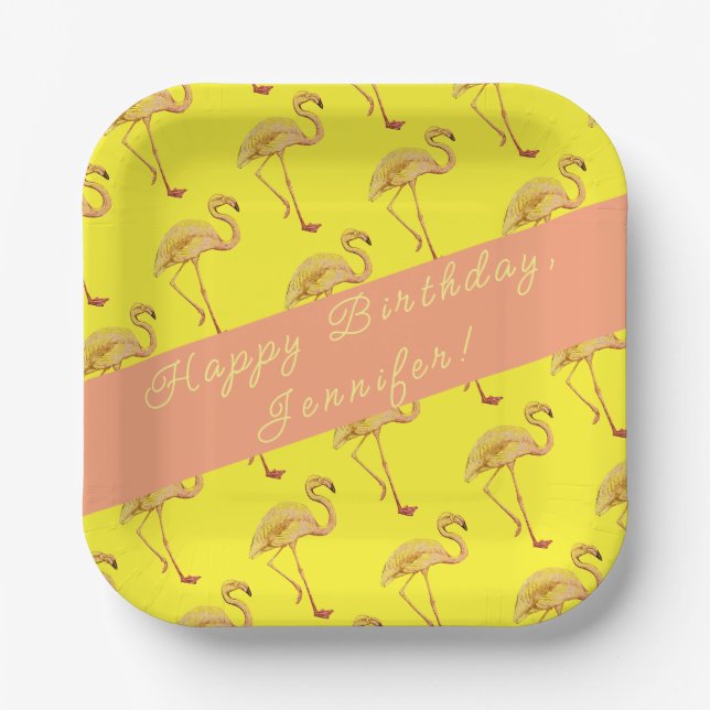 Happy Birthday Flamingos Personalisiert Pappteller (Vorderseite)