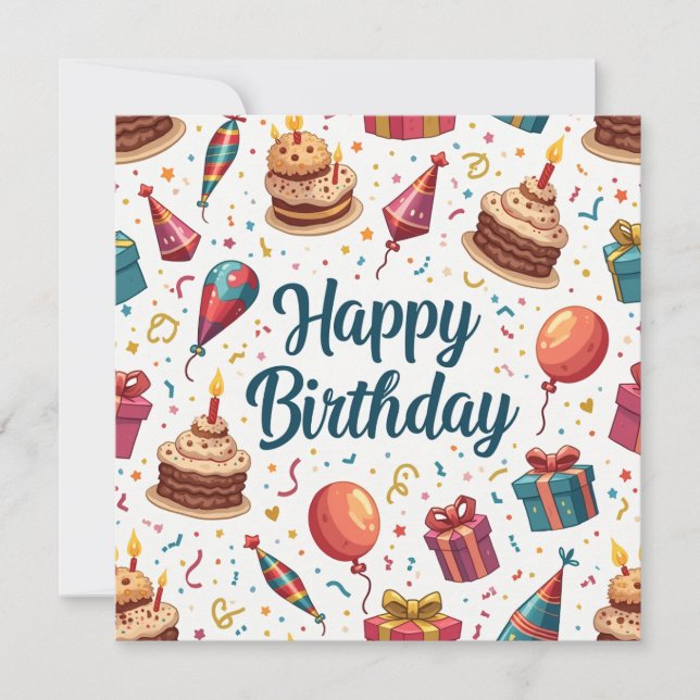 Happy Birthday Flat Card mit Balloons und Kuchen (Vorderseite)