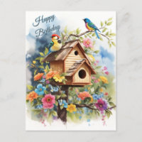 Happy Birthday Floral Birdhouse und Vögel