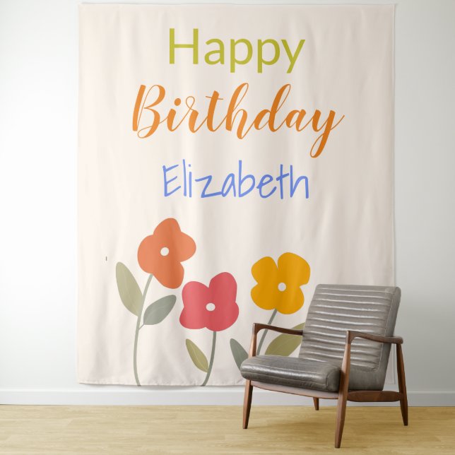 Happy Birthday Floral Blooms individuelle Name Wandteppich (Beispiel)