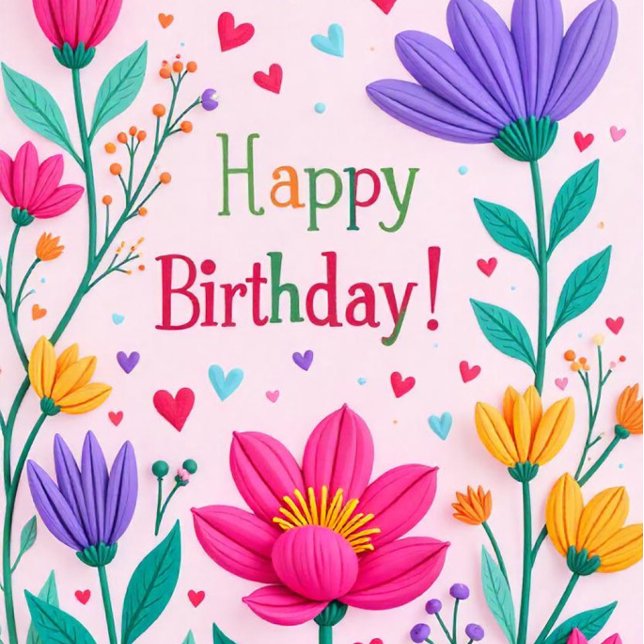 Happy Birthday Floral Card Einladung (The text 'Happy Birthday' is prominently displayed  in a cheerful font!)
