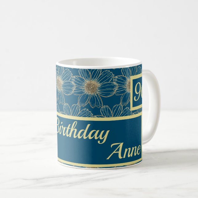 Happy Birthday Floral Gold Aquamarine Design Kaffeetasse (VorderseiteRechts)