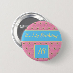 Happy Birthday Floral gold / Pink / Blau Design Button