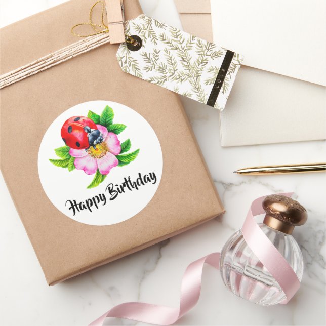 Happy Birthday Floral Ladybug Runder Aufkleber (Schenken)