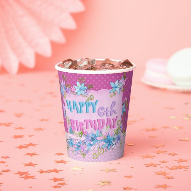 Happy Birthday Floral Pink Lila Polka Dots Pappbecher (Insitu)