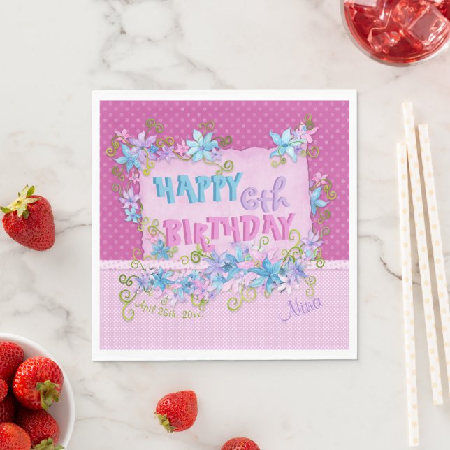 Happy Birthday Floral Pink Lila Polka Dots Serviette (Beispiel)