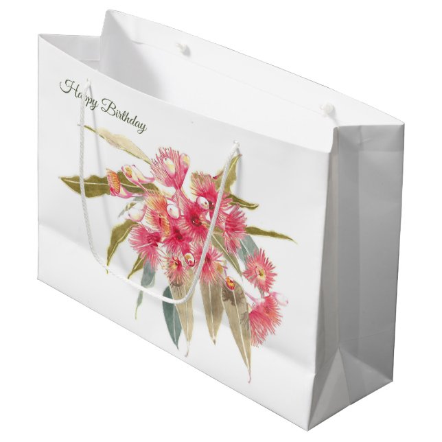 Happy Birthday Floral Pink Wasserfarbe Große Geschenktüte (Vorderseite Schrägansicht)