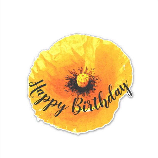 Happy Birthday Floral Poppy Blume Golden Yellow Aufkleber (Vorderseite)