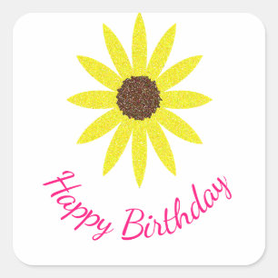 Happy Birthday Floral Sonnenblumen Blume Gelb Rosa Quadratischer Aufkleber
