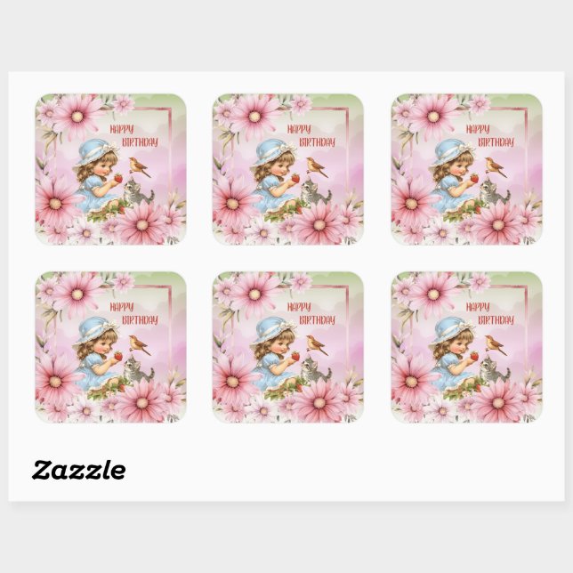 Happy Birthday Floral Vintage Girl Square Sticker (Blatt)