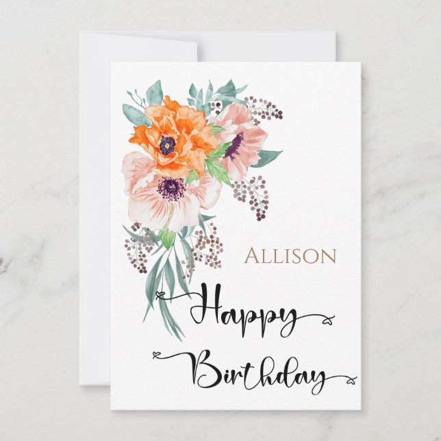 Happy Birthday Floral Watercolor Karte (Vorderseite)