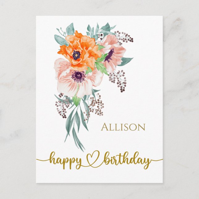 Happy Birthday Floral Watercolor Postcard Postkarte (Vorderseite)
