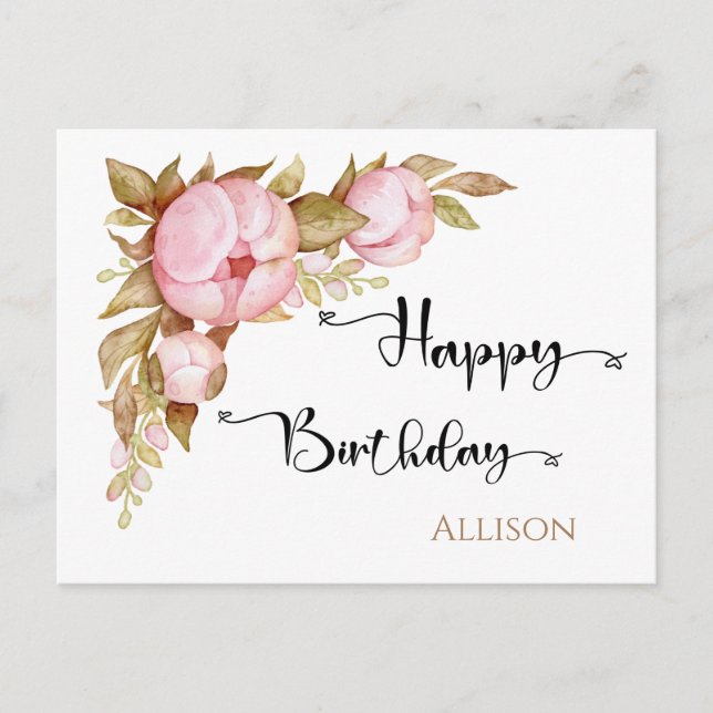 Happy Birthday Floral Watercolor Postcard Postkarte (Vorderseite)