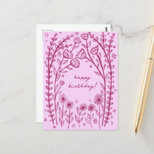 Happy Birthday Floral Whimsical Sketch Doodle Postkarte