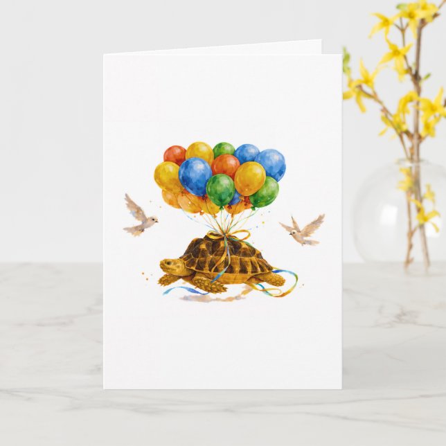 Happy Birthday flying Sulcata turtle with balloons Karte (Gelbe Blume)