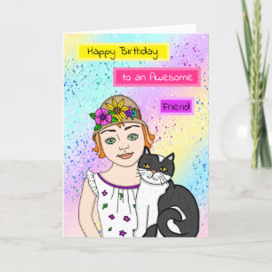 Happy Birthday   Folk Art Girl and Cat Karte