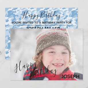 Happy Birthday Foto Blue Camouflage - Geburtstag e Einladung