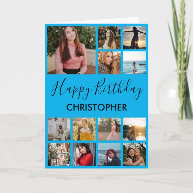 Happy Birthday Foto Collage 13 Fotos Blau Karte (Vorderseite)
