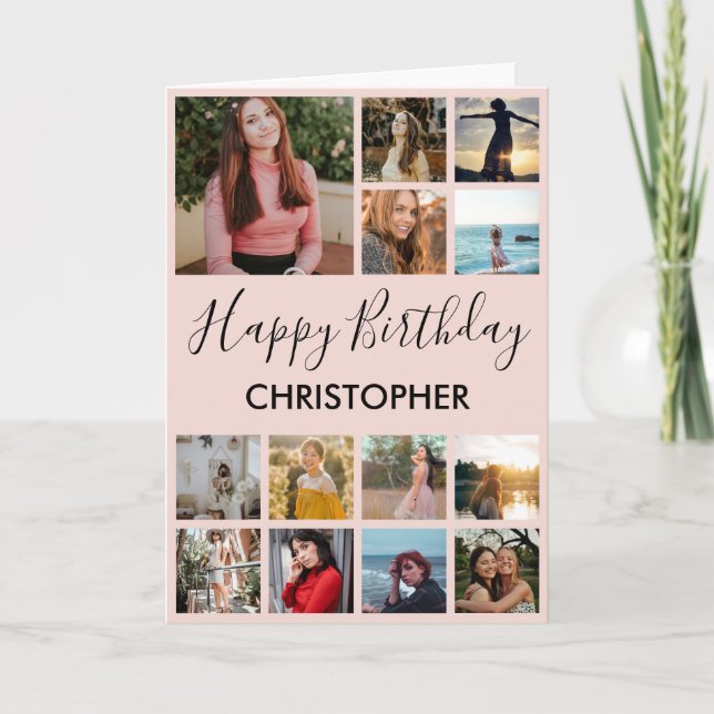 Happy Birthday Foto Collage 13 Fotos Pink Black Karte (Vorderseite)