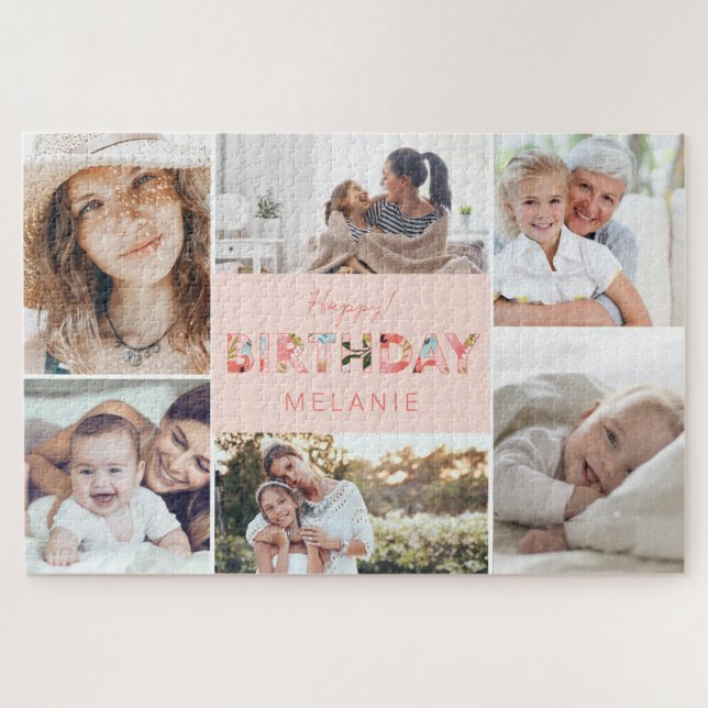Happy Birthday Foto Collage & Floral Muster Puzzle (Horizontal)