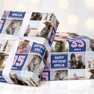 Happy Birthday Foto Collage jedes Alter Navy Rosa Geschenkpapier