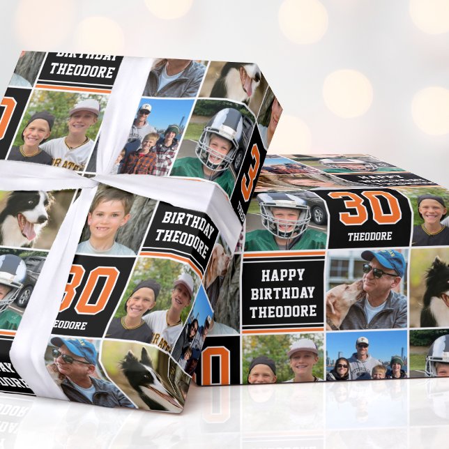 Happy Birthday Foto Collage jedes Alter orange Sch Geschenkpapier (Von Creator hochgeladen)