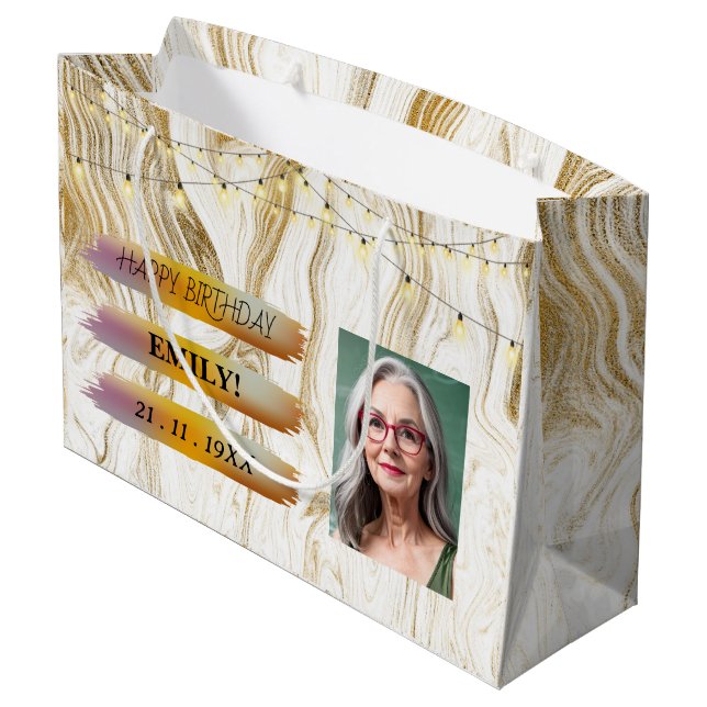 Happy Birthday Foto Elegantes Schwarz-weißes Party Große Geschenktüte (Rückseite Schrägansicht)