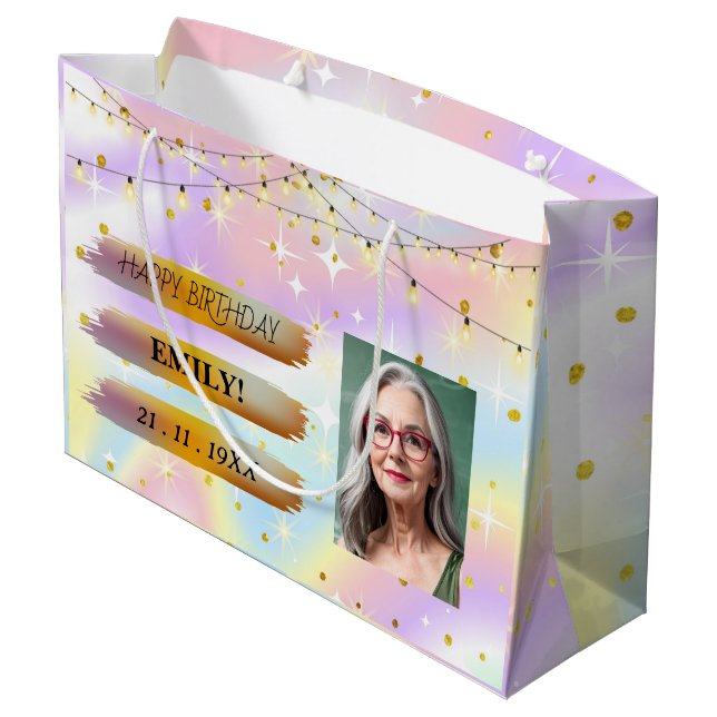 Happy Birthday Foto Elegantes Schwarz-weißes Party Große Geschenktüte (Rückseite Schrägansicht)