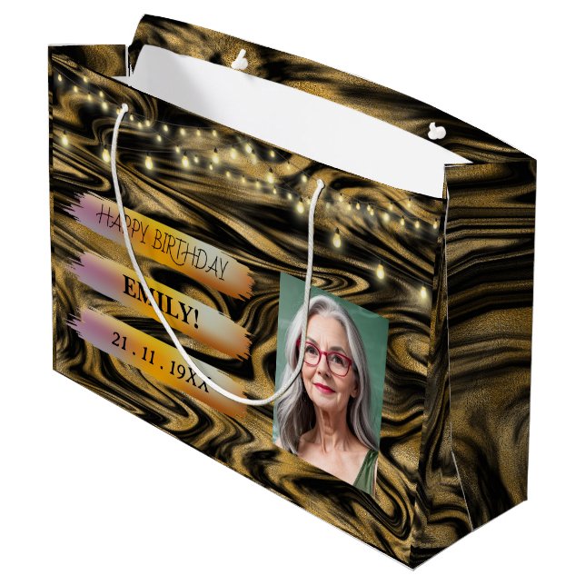 Happy Birthday Foto Elegantes Schwarz-weißes Party Große Geschenktüte (Rückseite Schrägansicht)