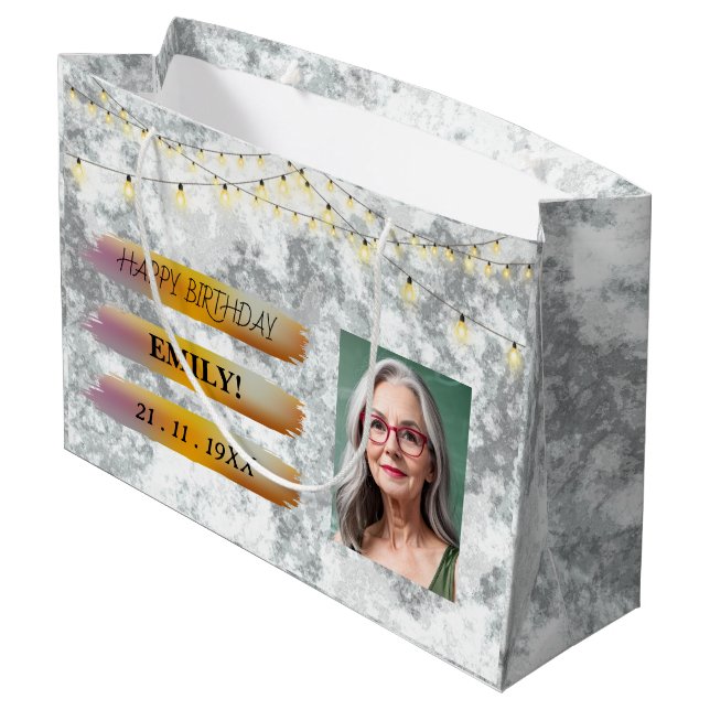 Happy Birthday Foto Elegantes Schwarz-weißes Party Große Geschenktüte (Rückseite Schrägansicht)