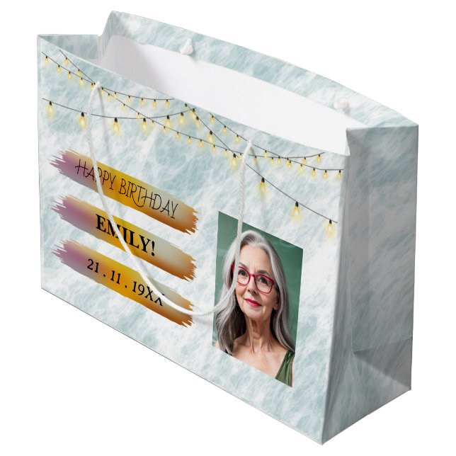 Happy Birthday Foto Elegantes Schwarz-weißes Party Große Geschenktüte (Rückseite Schrägansicht)