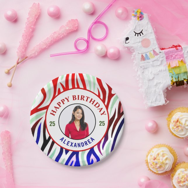 Happy Birthday Foto Farbenfrohe Streifen personali Pappteller (Party)