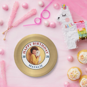 Happy Birthday Foto Gold Elegante Persönliche Ges Pappteller