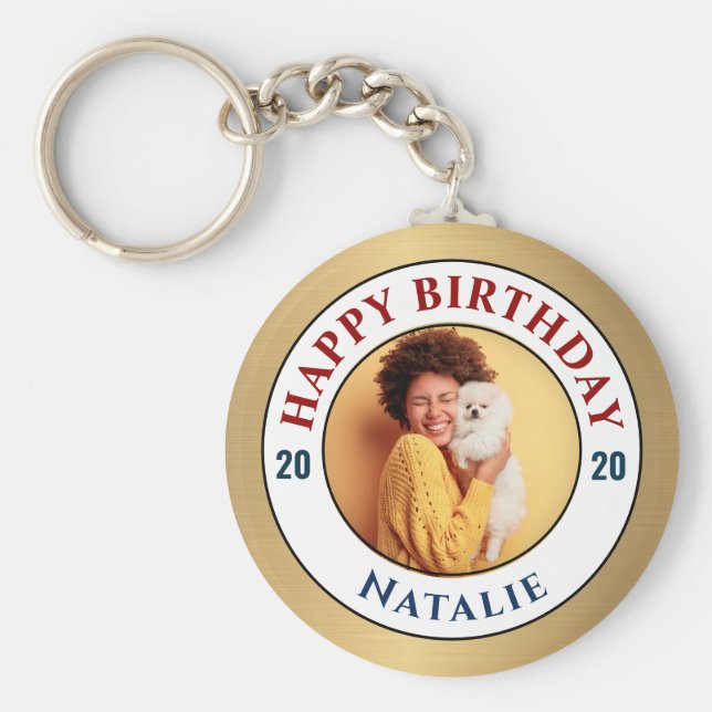 Happy Birthday Foto Gold Elegante Persönliche Gest Schlüsselanhänger (Vorne)
