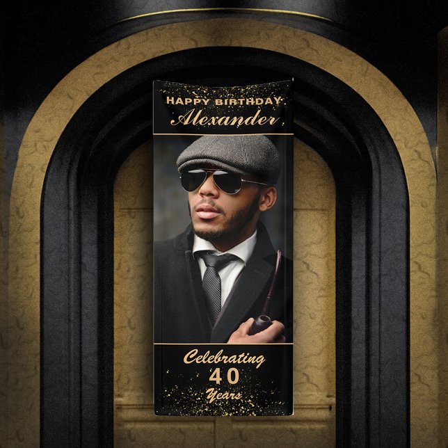 Happy Birthday Foto Party Event Gold Custom Banner (Happy Birthday Photo Party Event Gold Black Custom Banner great for celebrating the birthday event. )