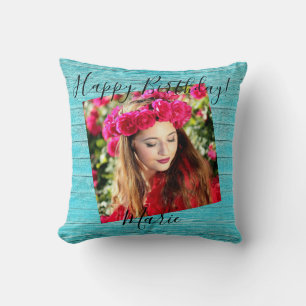 Happy Birthday Foto Rustic Blue Wood Throw Kissen