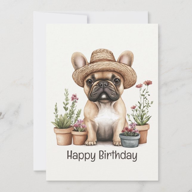 Happy Birthday Französisch Bulldog Gärtnern Blume  Karte (Vorderseite)
