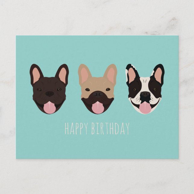 Happy Birthday French Bulldog Aquamarin Postkarte (Vorderseite)
