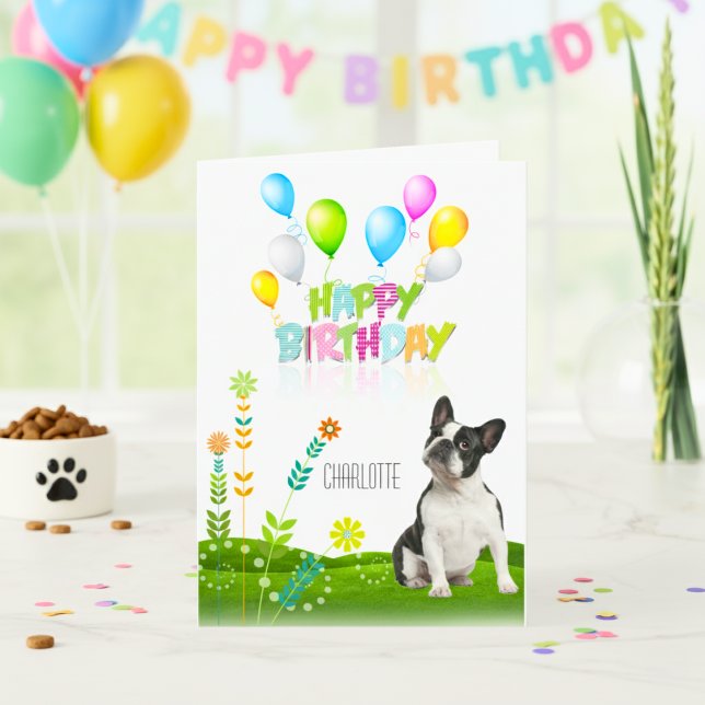 Happy Birthday French Bulldog Balloons und Blume Karte (Happy Birthday French Bulldog Balloons and Flower Card)
