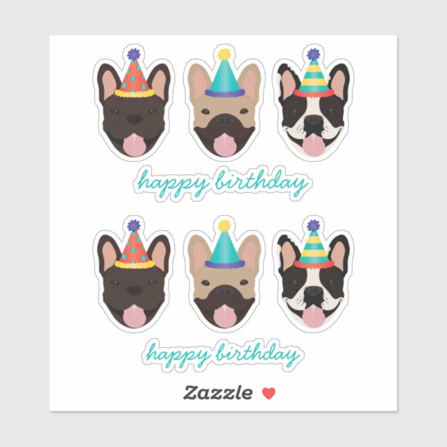 Happy Birthday French Bulldog Party Hats Aufkleber (Blatt)
