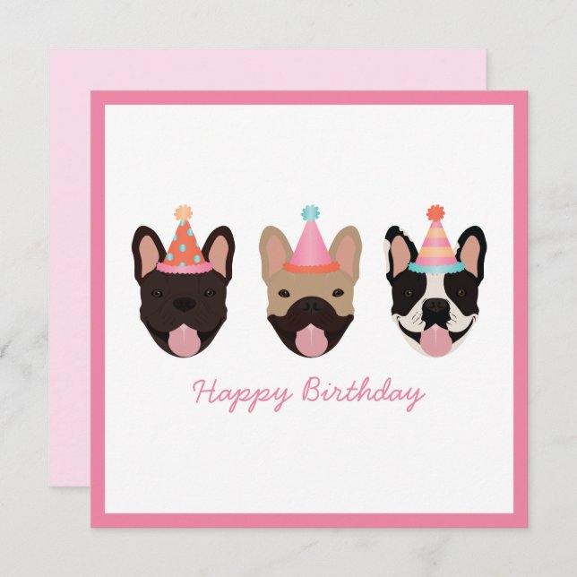 Happy Birthday French Bulldog Party Hats Pink (Vorne/Hinten)