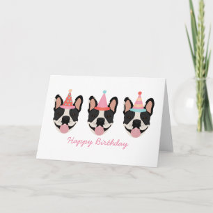 Happy Birthday French Bulldog Party Hats Pink Karte