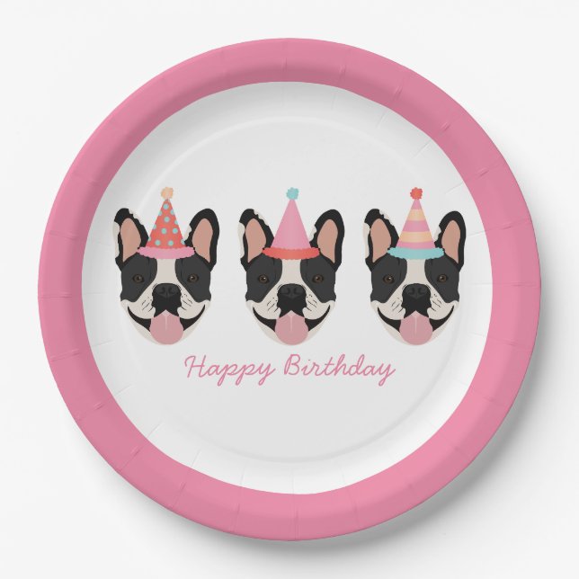 Happy Birthday French Bulldog Party Hats Pink Pappteller (Vorderseite)