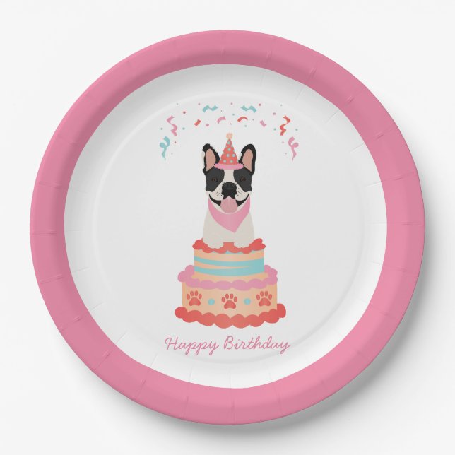 Happy Birthday French Bulldog Party Hats Pink Pappteller (Vorderseite)