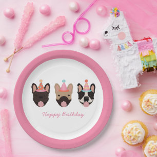 Happy Birthday French Bulldog Party Hats Pink Pappteller